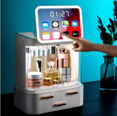 Boîte de rangement élégante avec écran LED pour organiser produits de beauté et accessoires