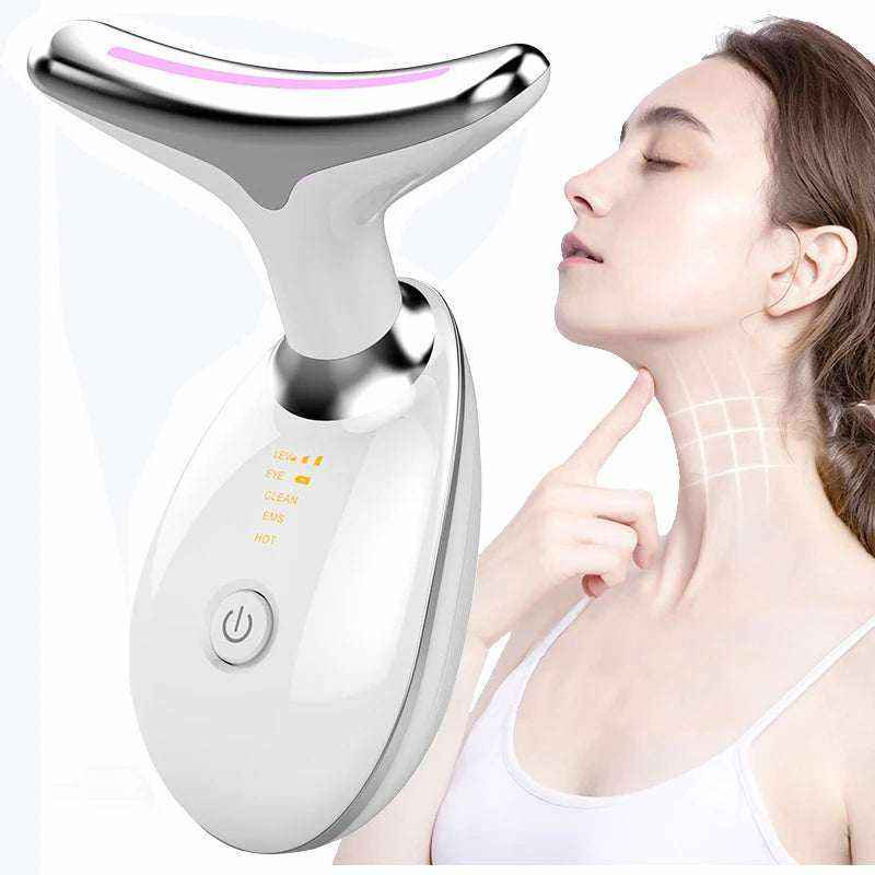 Masseur du Cou et du Visage blanc et argenté, à tête courbée avec une bande lumineuse rose et bouton de commande.