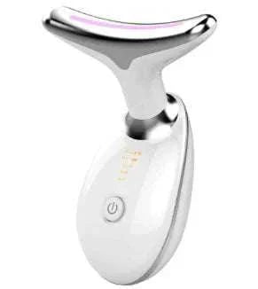 Masseur du Cou et du Visage blanc, au corps ergonomique et à la tête métallique incurvée avec bande lumineuse rose.